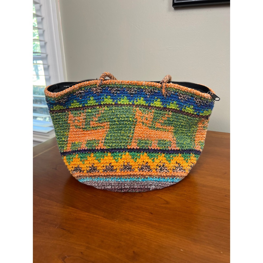 Handmade Crochet Llama Tote Bag Multi Color Woven Boho Zipper Top Bucket Bag